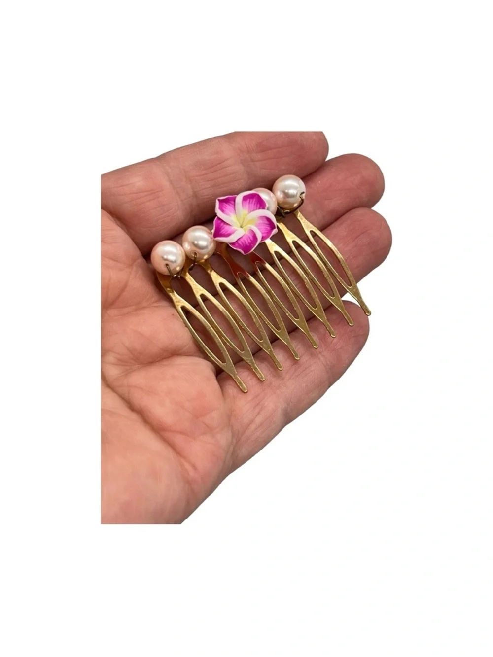 Gold Hair Comb with Pink Flower and Pearl Accents FINAL PRICE DROP